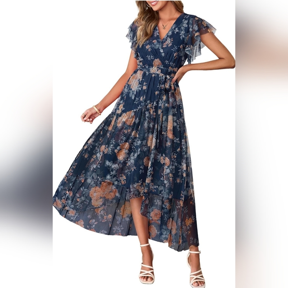 Navy Floral High-Low Maxi Dress with Flutter Sleeves